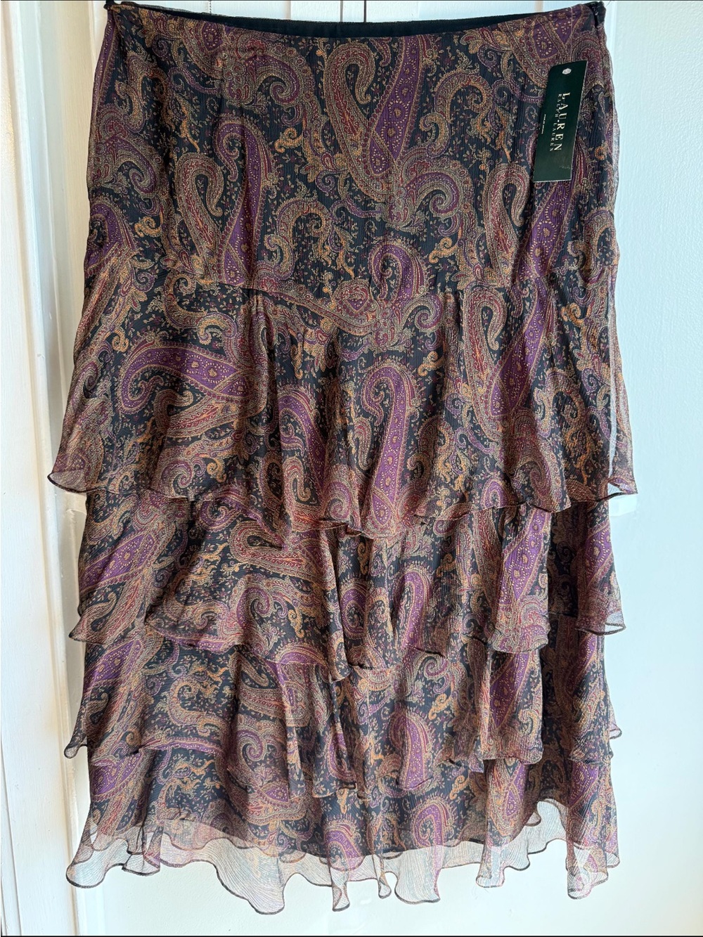 NWT Vintage Lauren Ralph Lauren 100% Silk Paisley Tiered Ruffle Maxi Skirt